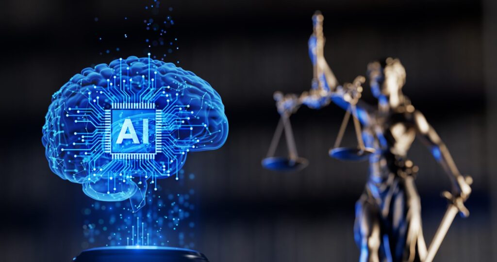 An Image Of A Brain With An Ai Chip Next To Lady Justice