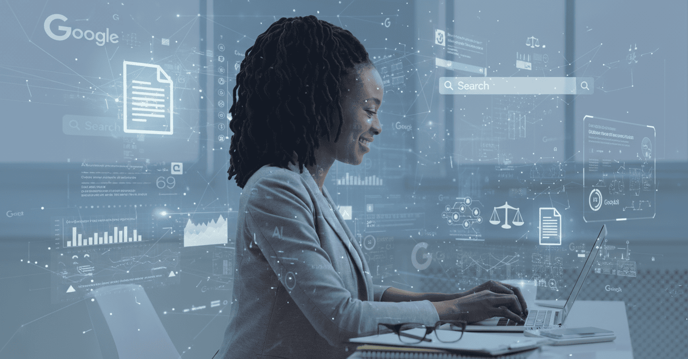 Professional Lawyer Or Content Strategist In A Sleek Modern Office Analyzing Ai Driven Search Data On A Laptop